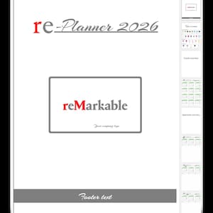 Puede incluir: Una página blanca con el texto "re-Planner 2026" en rojo y gris en letra cursiva. Debajo del texto hay un cuadro gris con el texto "reMarkable" en rojo y gris. El texto "Su logotipo de empresa" está debajo del texto "reMarkable". Una barra gris en la parte inferior de la página tiene el texto "Texto de pie de página" en gris en letra cursiva.
