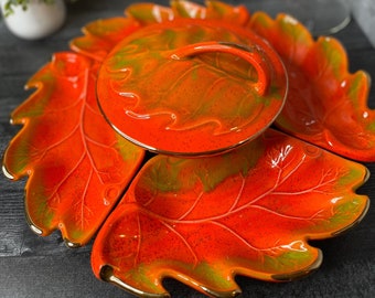 Vintage California Pottery 800 Orange Leaf Serving Platter | Mid-Century CA Pottery |Gold Rimmed