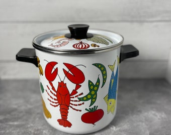 Vintage 70s San Ignacio Enamel Seafood Stock Pot with Lid & Steamer Basket | Lobster and Veggies design