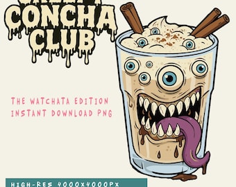 Op de afbeelding: Digitale illustratie van een drankje met een monstergezicht in een glas. De drank heeft meerdere oogballen, een grote mond met scherpe tanden en een lange paarse tong. De tekst "CREEPY CONCHA CLUB" staat bovenaan de afbeelding.