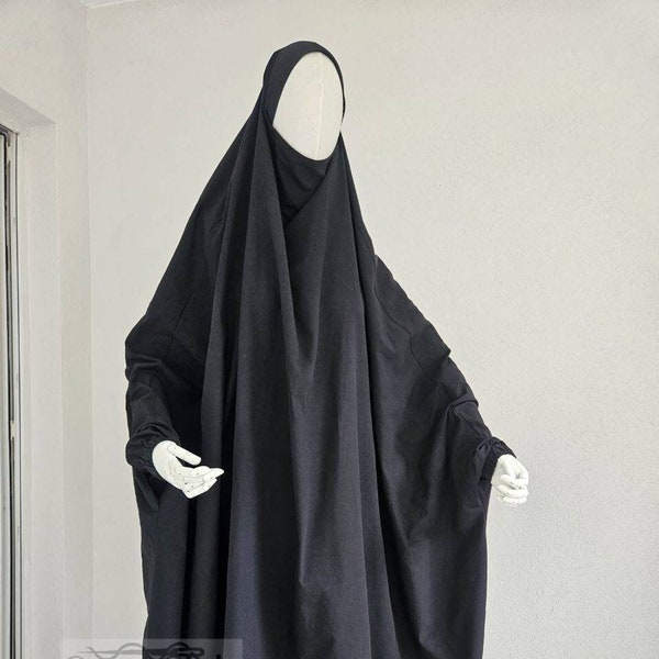 Summer Cotton Linen 2 Piece Extra Wide Blue Jilbab Khimar Set Tie Back Burqa Overhead Chador Pockets Islamic