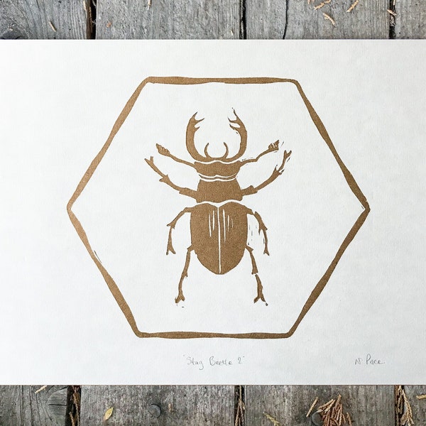 Gold linocut print of a stag beetle, signed original lino print, gift for painter, hexagon wall art, gold artwork, beetle, beetle art print