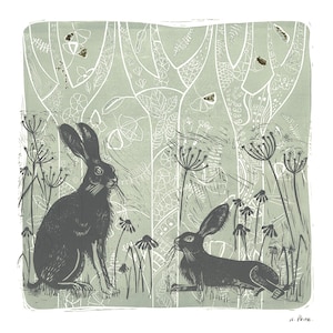 Digital download of a linocut print of 2 hares, Downloadable prints, Wall art, Art print, Botanical print, Nature print, Block print art,