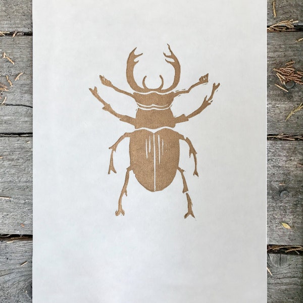 Gold linocut print of a stag beetle, signed original lino print, gift for painter, luxury wall art, gold artwork, beetle, beetle art print