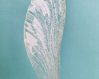 Large silk screen print of a dragonfly wing on sage/ teal paper, signed limited edition gold artwork, handprinted, dragonfly art, lino print