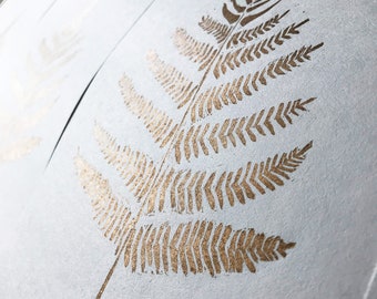 Gold linocut print of a fern, signed original lino print, luxury wall art, gold artwork, fern prints, vintage leaf print, fern wall art