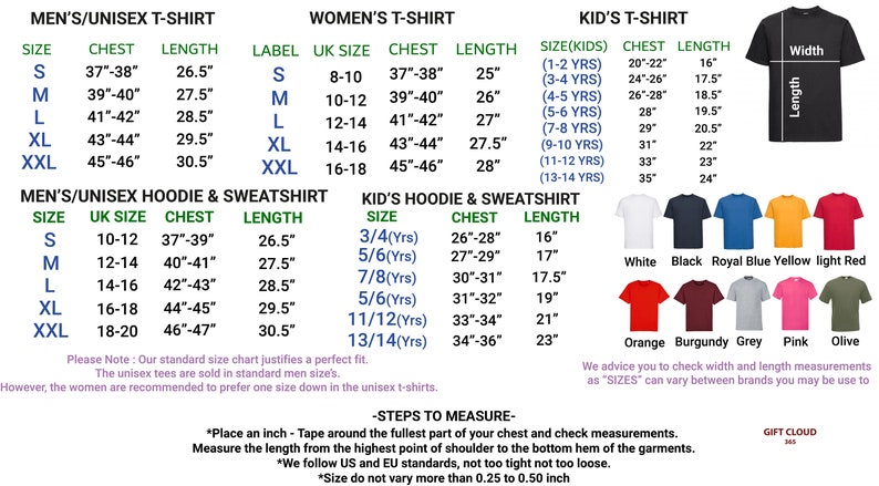 Puede incluir: Tablas de tallas para camisetas, sudaderas con capucha y sudaderas para hombre/unisex, mujer y ni&ntilde;o. Incluye medidas de pecho y largo en pulgadas. Se muestran opciones de color para camisetas. Se incluyen instrucciones de medici&oacute;n.