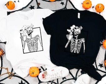 Skeleton Drinking Coffee T-Shirt: Funny Halloween Horror Tee