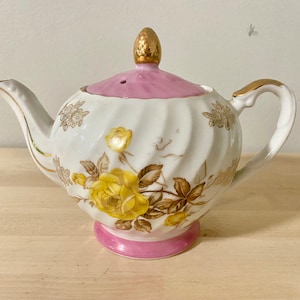 Heirloom Fine Bone China Lusterware Czajniczek Różowe złote róże 3 filiżanki