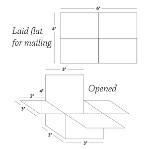 May include: Diagram showing how to fold a 6-inch by 4-inch card to create a 3-inch by 3-inch box. The card is folded in half, then the sides are folded in to create a box shape. The box is then opened to show the inside.