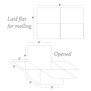 May include: Diagram showing how to fold a 6-inch by 4-inch card to create a 3-inch by 3-inch box. The card is folded in half, then the sides are folded in to create a box shape. The box is then opened to show the inside.