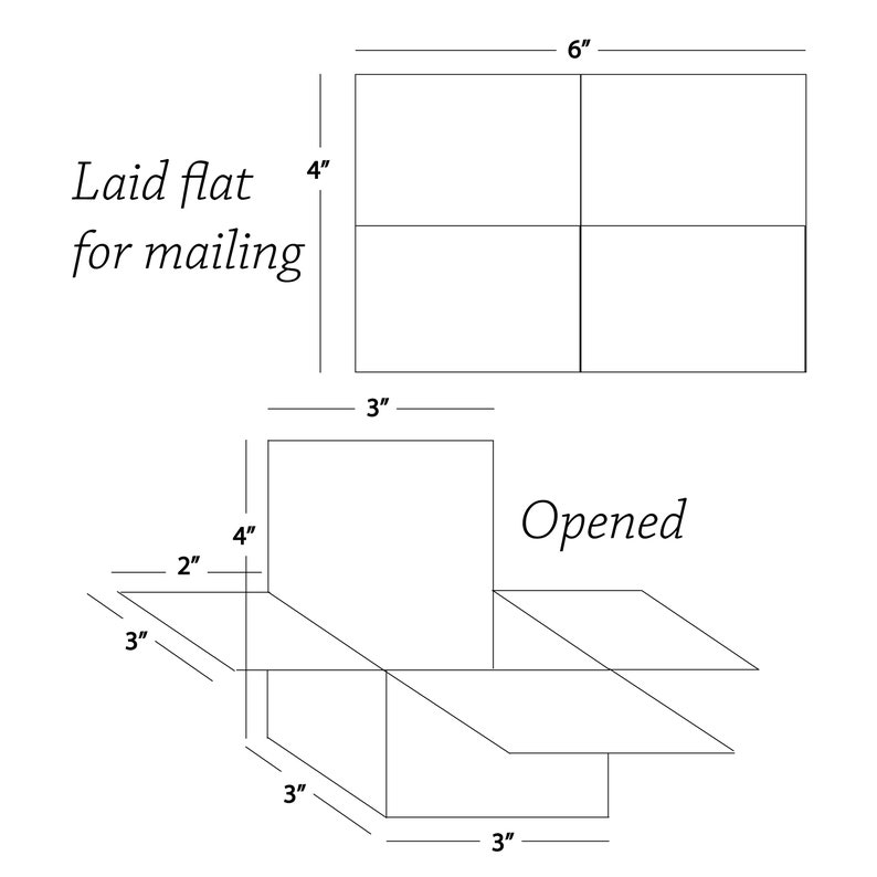 May include: Diagram showing how to fold a 6-inch by 4-inch card to create a 3-inch by 3-inch box. The card is folded in half, then the sides are folded in to create a box shape. The box is then opened to show the inside.