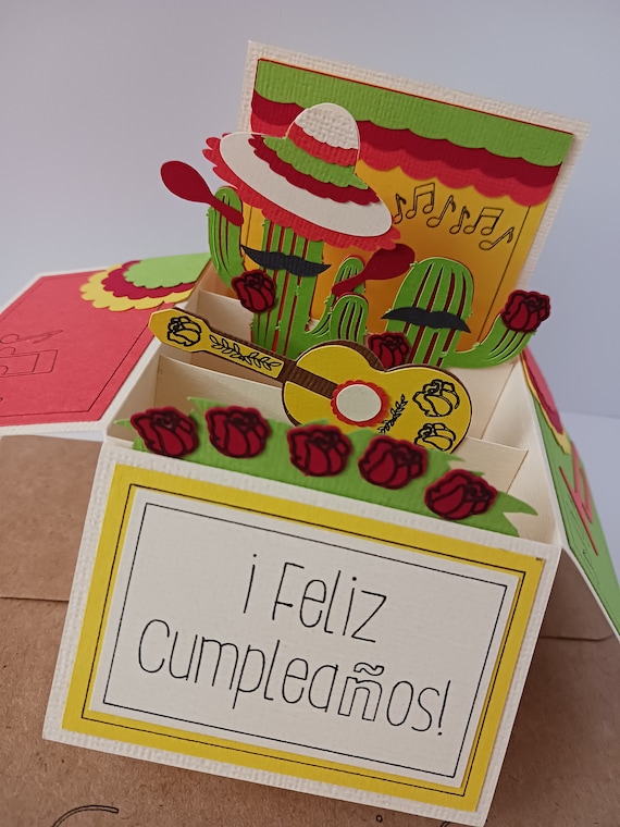 Fiesta Birthday Card Mexican Music Theme for Hispanic Culture Celebration idea Mariachi Cactus in Sombreros Unique gift 3D Pop up Box Card