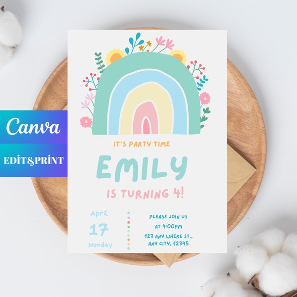 DIY Canva Digital Soft Green Rainbow Party Invitation , Template , Electronic Birthday Invite , All Purpose , Mobile Phone Text Party Email