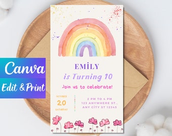 May include: A colourful rainbow birthday invitation with a watercolour design. The invitation says "Emily is Turning 10" and includes the date, time, and location of the party.