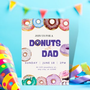 Father&#39;s Day Invitation Donuts with Dad, Printable Fathers Day Invitation, Father&#39;s Day Digital Invitation, Canva Template, Digital Download