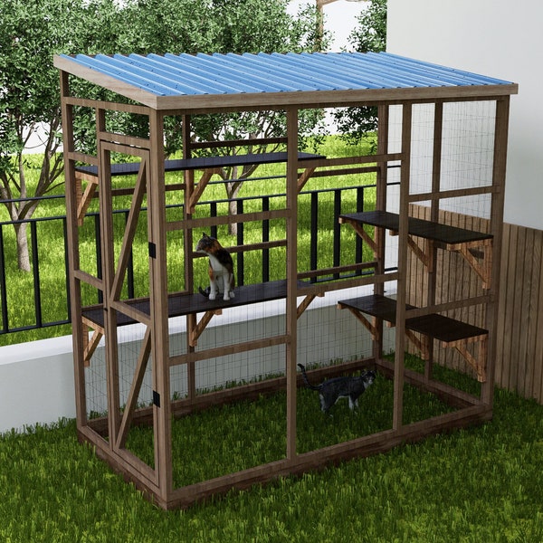 Catio Cat House Plan 4x8 - Gift for Cat - Outdoor Cat House - Indoor Catio Plan - Woodworking Plan Cat House