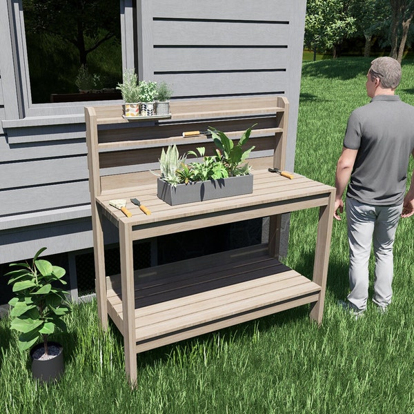 Simple 2x4 Potting Bench Plans - With Slatted Back - Outdoor Table Plans - Garden table Plant Plans