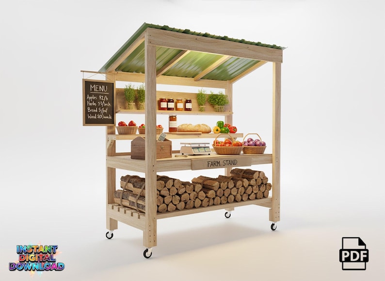 May include: A wooden farm stand with a green roof, displaying various produce and goods. The stand features shelves with baskets of fruits and vegetables, jars of preserves, and a chalkboard menu. The bottom shelf holds firewood. The stand is on wheels.