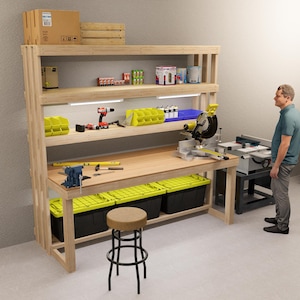 DIY Workbench Plans - Garage Work Bench - Craft Table - Storage Shelves - Heavy Duty Workbench Plans - 27 gallon storage