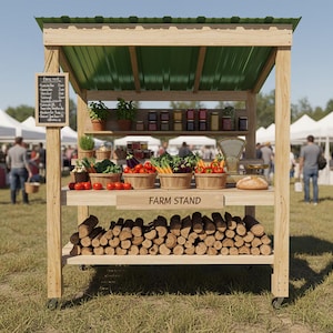 May include: A wooden farm stand with a green metal roof, displaying fresh produce in wooden baskets. The stand includes tomatoes, carrots, and other vegetables. A chalkboard sign lists items for sale. The stand is on wheels and stocked with firewood.