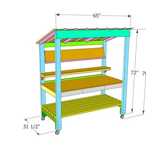 May include: A colorful wooden potting bench with a sloped roof, multiple shelves, and a lower storage area. The bench is 65 inches wide, 76 inches tall, and 31.5 inches deep. It is mounted on wheels for mobility.