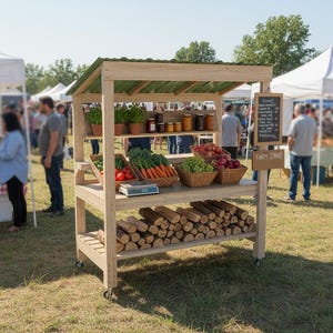 May include: A wooden farm stand with a green roof, displaying fresh produce like tomatoes, carrots, and apples in baskets. Jars of preserves and potted herbs are also visible. A sign reads "Farm Stand".