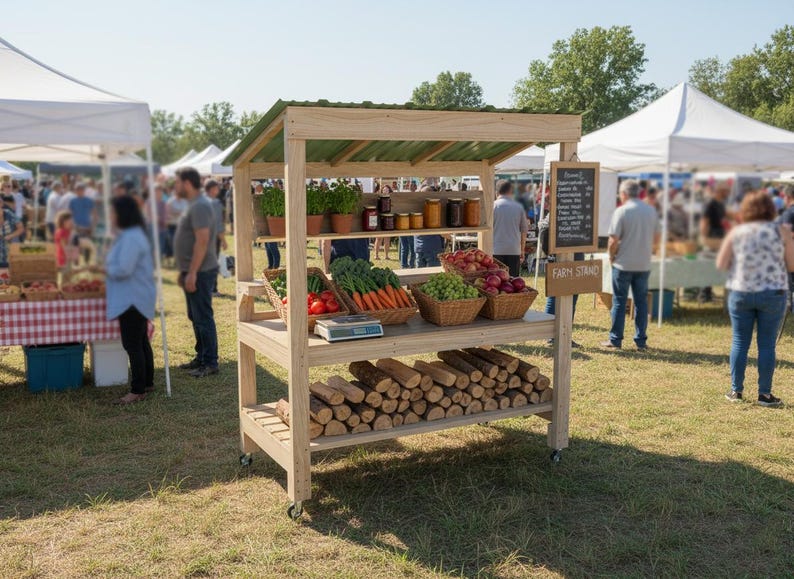 May include: A wooden farm stand with a green roof, displaying fresh produce like tomatoes, carrots, and apples in baskets. Jars of preserves and potted herbs are also visible. A sign reads "Farm Stand".