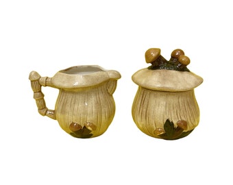 70s Mushroom Toadstool Creamer and Sugar Set Ceramic Porcelain Magic Forest Elf Tea Set Vintage MCM Handmade Signed