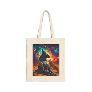 Cosmic Anubis Cotton Canvas Tote Bag, Unique Art Bag, Egyptian Themed Tote, Eco-Friendly Shopping Bag, Dog Lovers Gift, Festival Tote