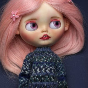 May include: A doll with long pink hair styled with small pink flower clips, featuring large purple eyes, pink eyeshadow, and a small beauty mark. The doll wears a dark blue and green patterned knit sweater over blue trousers with white polka dots.