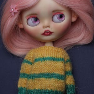 May include: A doll with shoulder-length pink hair, two small pink flower hair clips, and large purple eyes. The doll wears a yellow and green horizontal striped knitted jumper and blue trousers with a white polka dot pattern on a dark background.