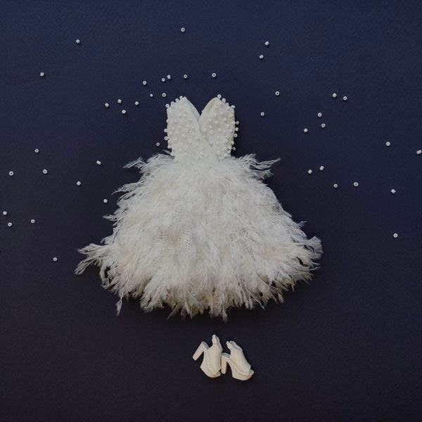 White feather dress for Blythe doll, doll clothes, Blythe outfit