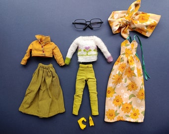 Set clothes for Blythe doll, Long dress, jeans, sweater, glasses, shirt, sandals, skirt, doll clothes