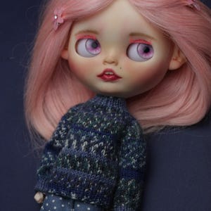 May include: A doll with long pink hair styled with two small pink flower clips. The doll has large light purple eyes, pink eyeshadow, and red lips. It wears a blue and green patterned knit jumper and blue trousers with a white polka dot pattern.