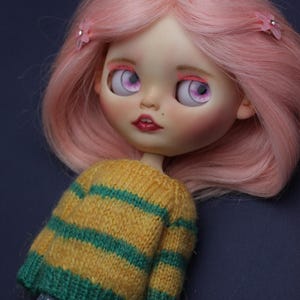 May include: A doll with shoulder-length pink hair styled with two small pink flower clips. The doll has large light purple eyes, pink eyeshadow, and dark red lips. It wears a yellow and green striped knit sweater and blue polka-dot trousers.