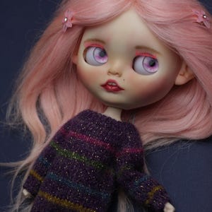 May include: A doll with long pastel pink hair styled with two small pink flower clips. The doll features large light purple eyes, pink eyelashes, and dark red lips. It wears a long-sleeved purple knit sweater with horizontal stripes and blue polka-dot trousers.