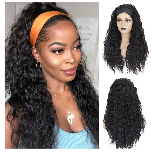 Natural Black Curly Headband Wigs Long Women's Headband Etsy