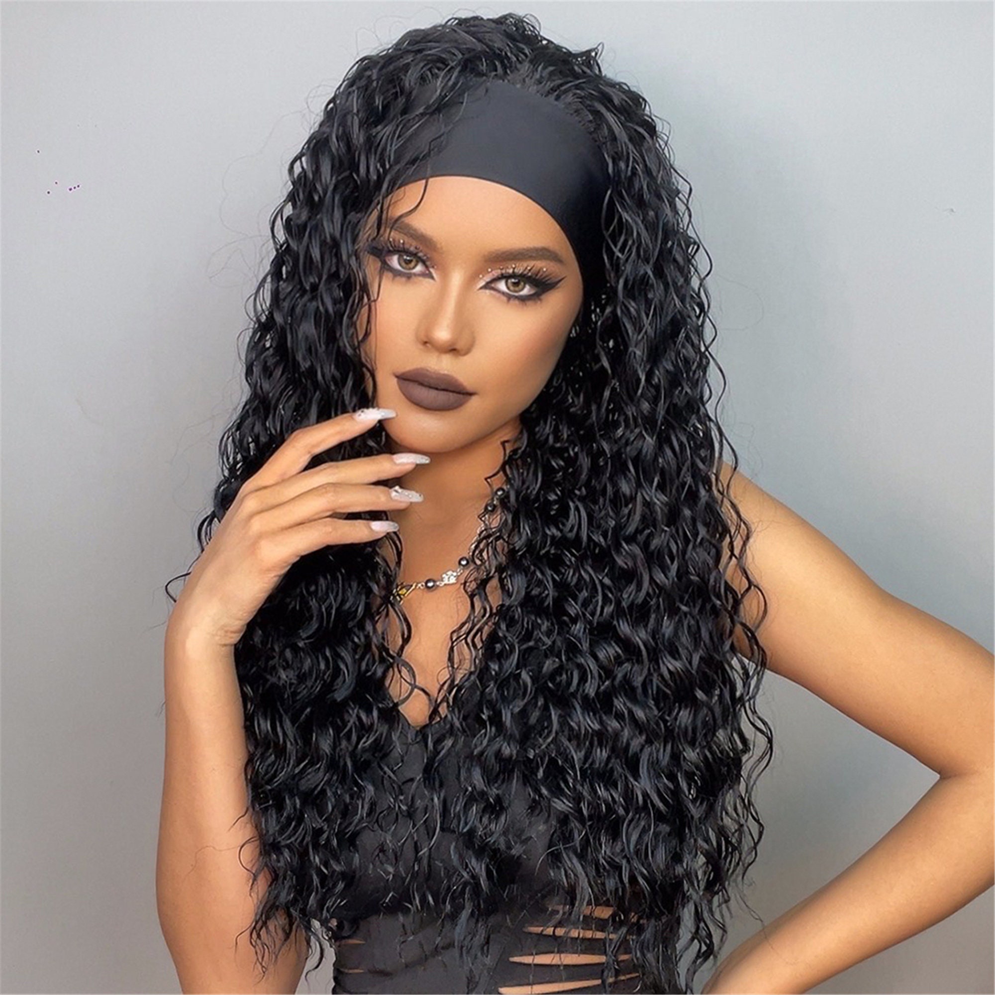 Natural Black Curly Headband Wigs Long Women's Headband Etsy