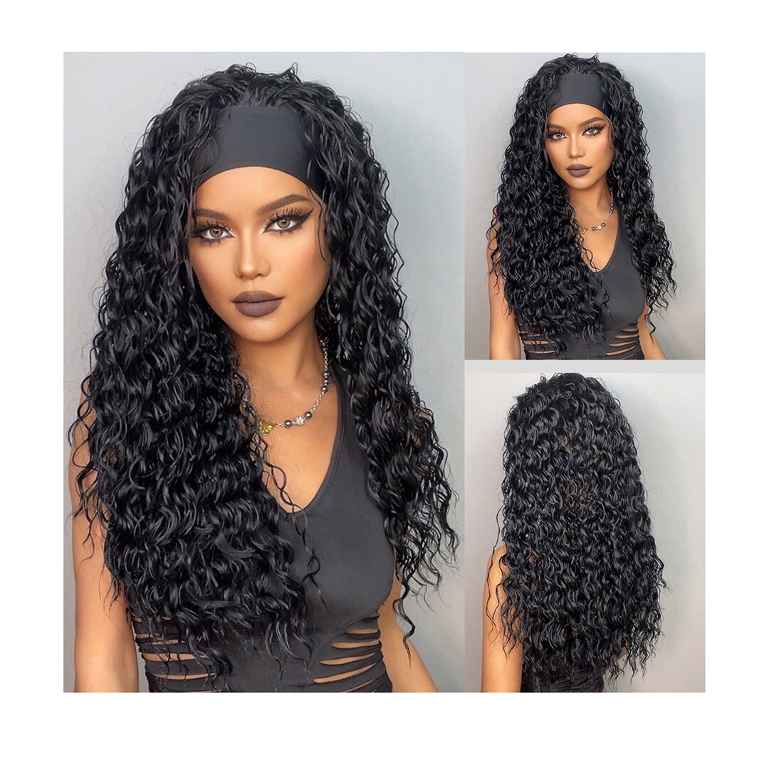 Natural Black Curly Headband Wigs Long Women's Headband Etsy