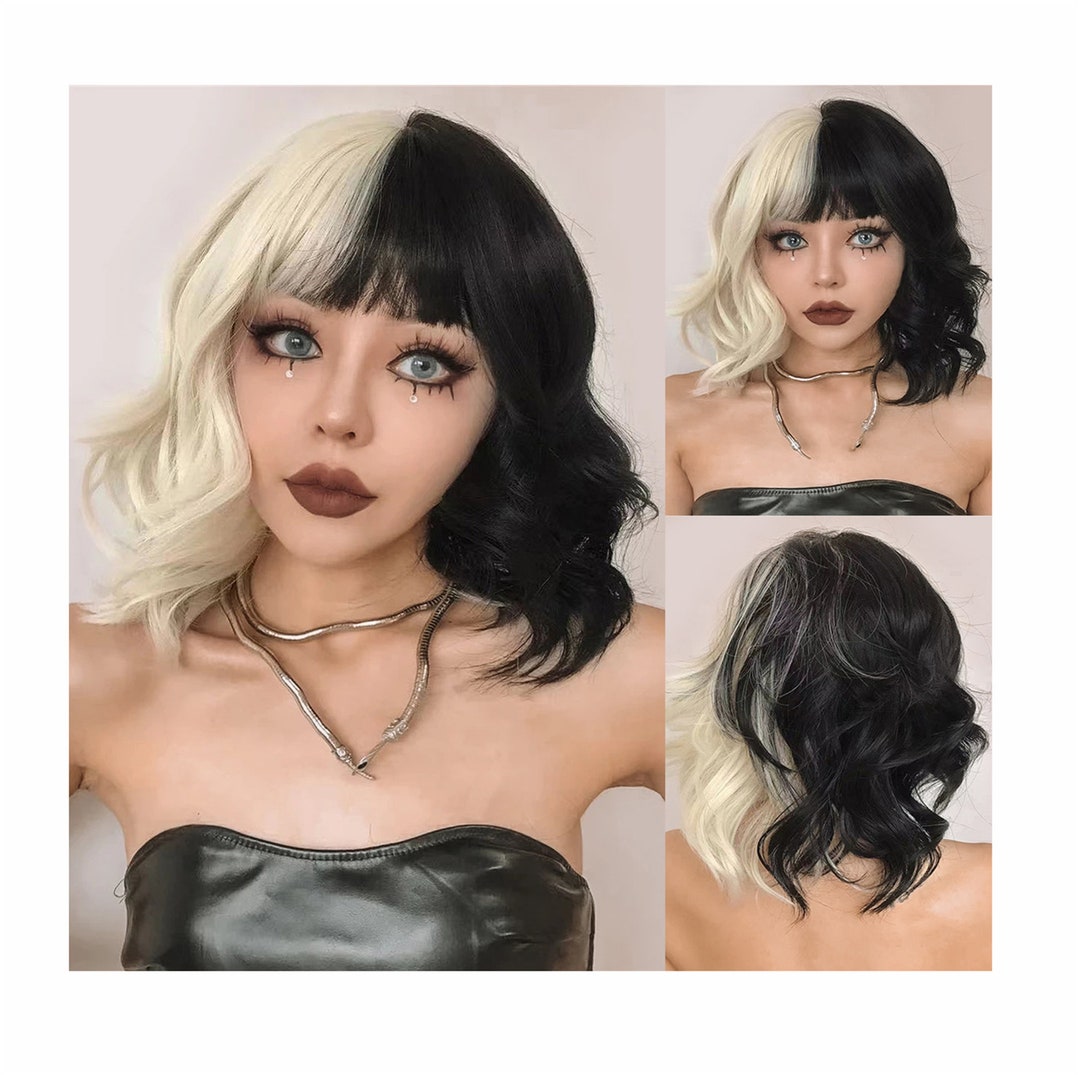 Women Black White Bob Wig With Bangs Half Black White Wig - Etsy