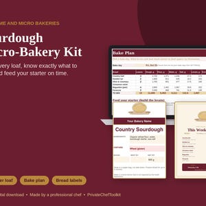 Könnte beinhalten: Ein digitales Sauerteig-Mikrobäckerei-Set auf bordeauxrotem Hintergrund mit weißem Text. Das Set enthält eine Backplan-Tabelle, ein Zutatenetikett für Landbrot und eine Menüliste für das Brot der Woche für Heim- und Mikrobäckereien.