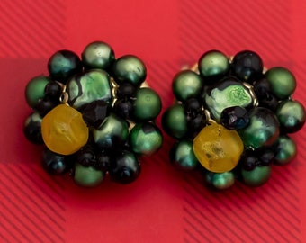 Vintage Boho Green Bead Clip On Earrings by Hong Kong - O22