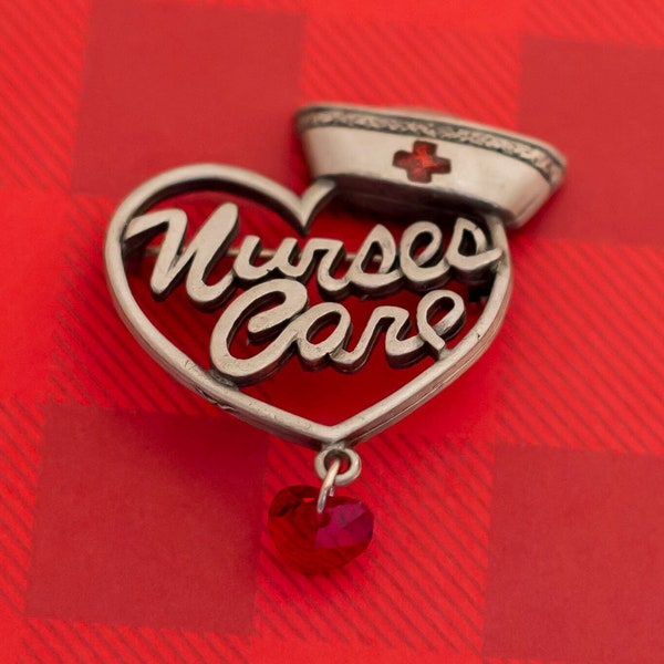 Vintage "Nurses Care" Heart Pewter Brooch by Spoontiques  - O4