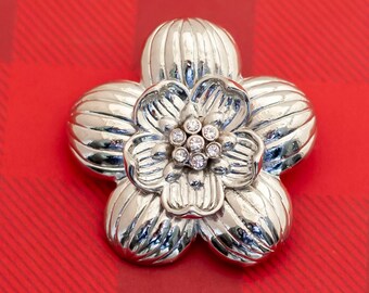 Broche Vintage Fleurs Et Bourgeons Argenté - Pierres Vraies Vertes - Occasion
