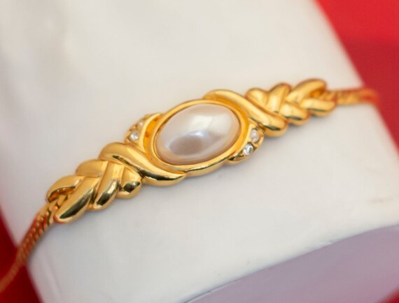 Vintage Victorian Pearl Gold Tone Chain Bracelet … - image 2