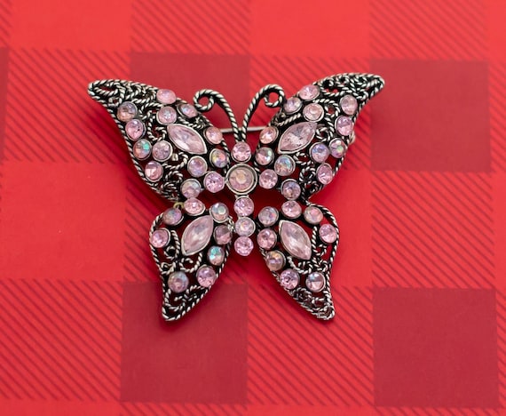 Vintage Art Nouveau Butterfly Pink Rhinestone Sil… - image 1
