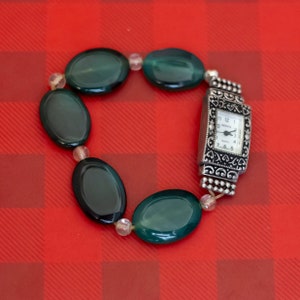 7 inch, Vintage Green Oval Beads Silver Tone Watch by Geneva - O32