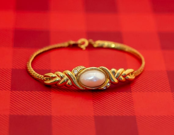 Vintage Victorian Pearl Gold Tone Chain Bracelet … - image 1