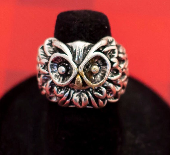 Vintage Mid Century Owl Silver Tone Ring Size 6 -… - image 1